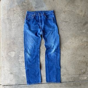 Levi’s 501 jeans button fly denim worn with fades Fit 33x32 tagged 34x36 red tab
